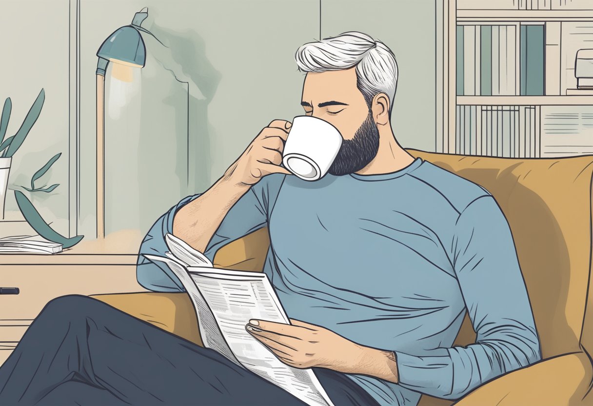 A person sipping coffee while reading a post-treatment care pamphlet after a root canal