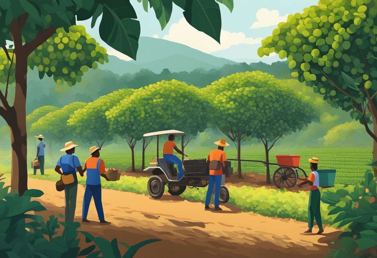 A bustling coffee plantation with workers harvesting beans under the shade of towering trees