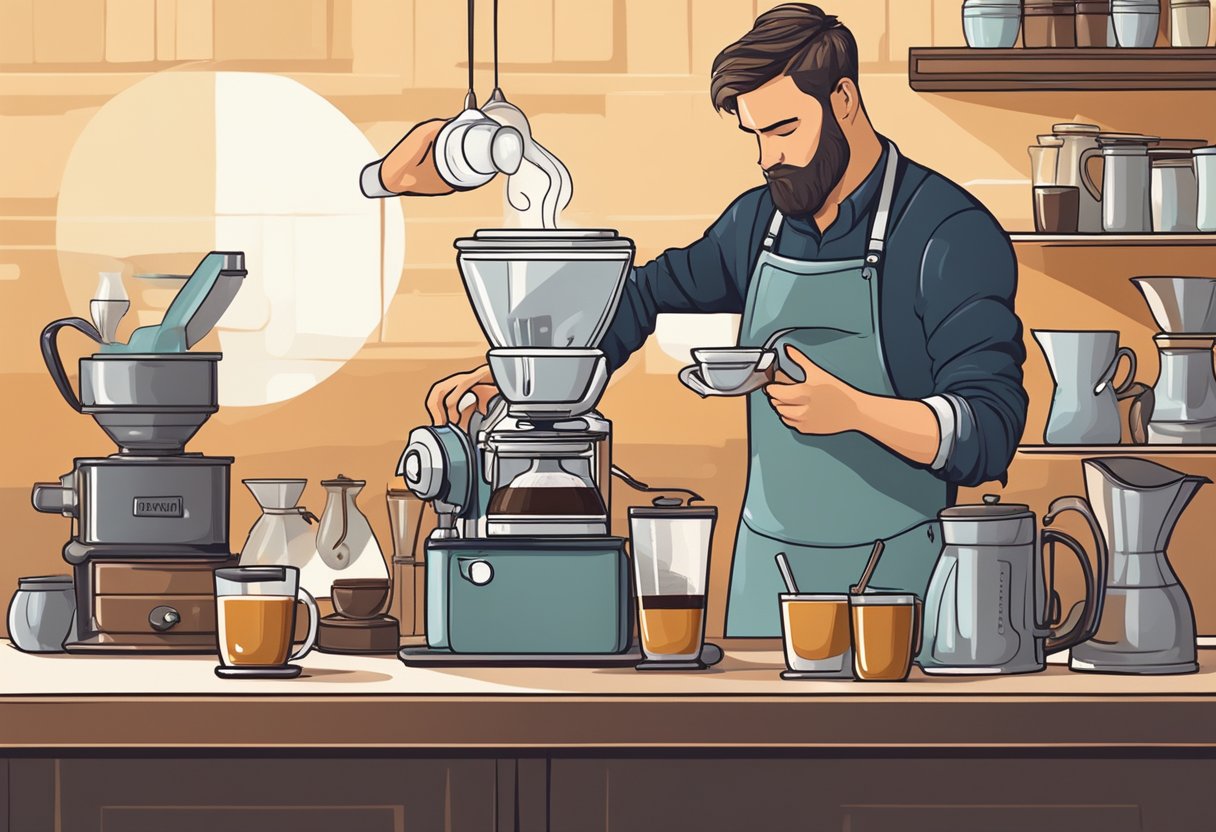 A barista carefully pours steaming coffee into a delicate ceramic cup, surrounded by various brewing equipment and bags of freshly roasted beans