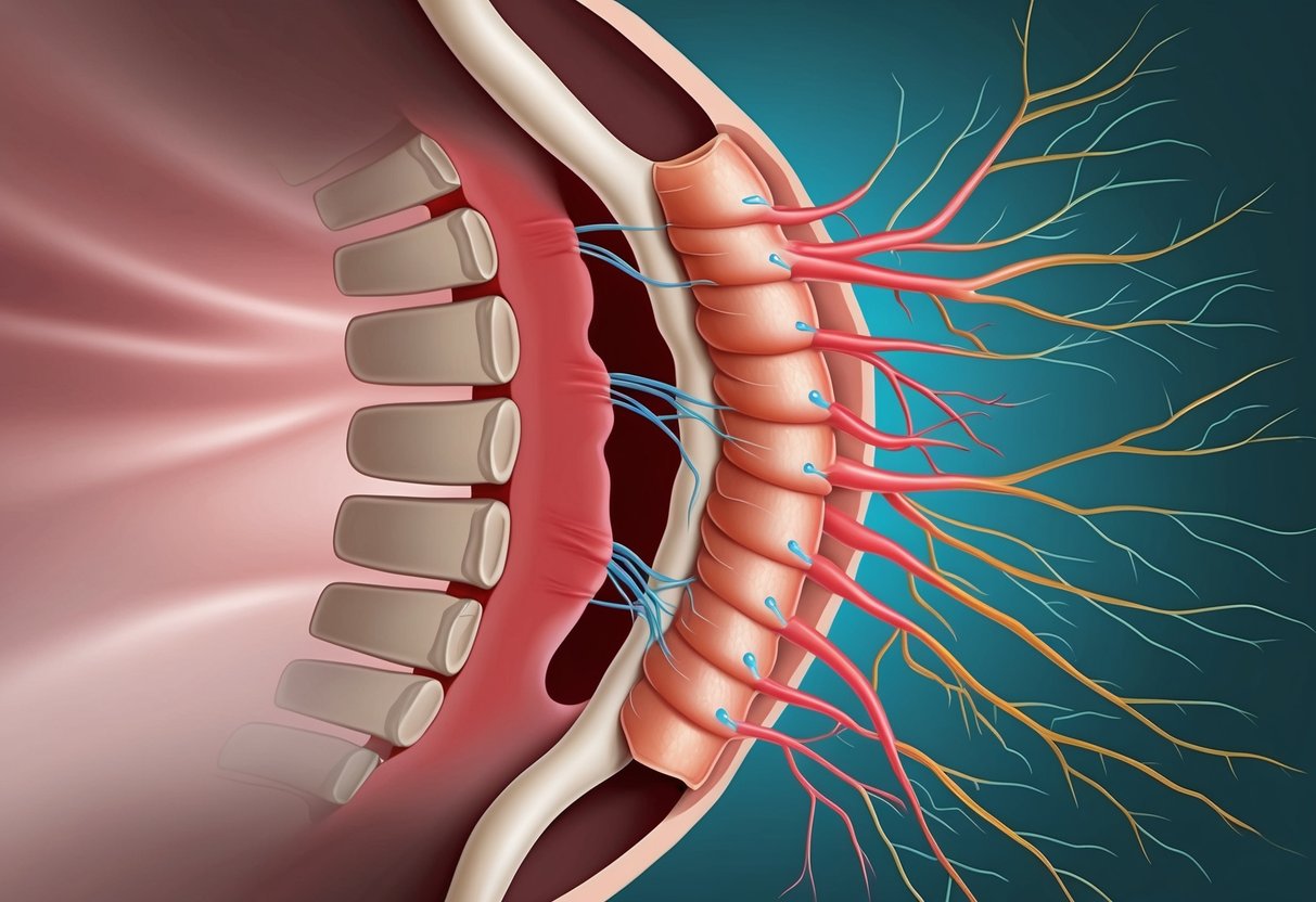 A narrow spinal canal with compressed nerve roots