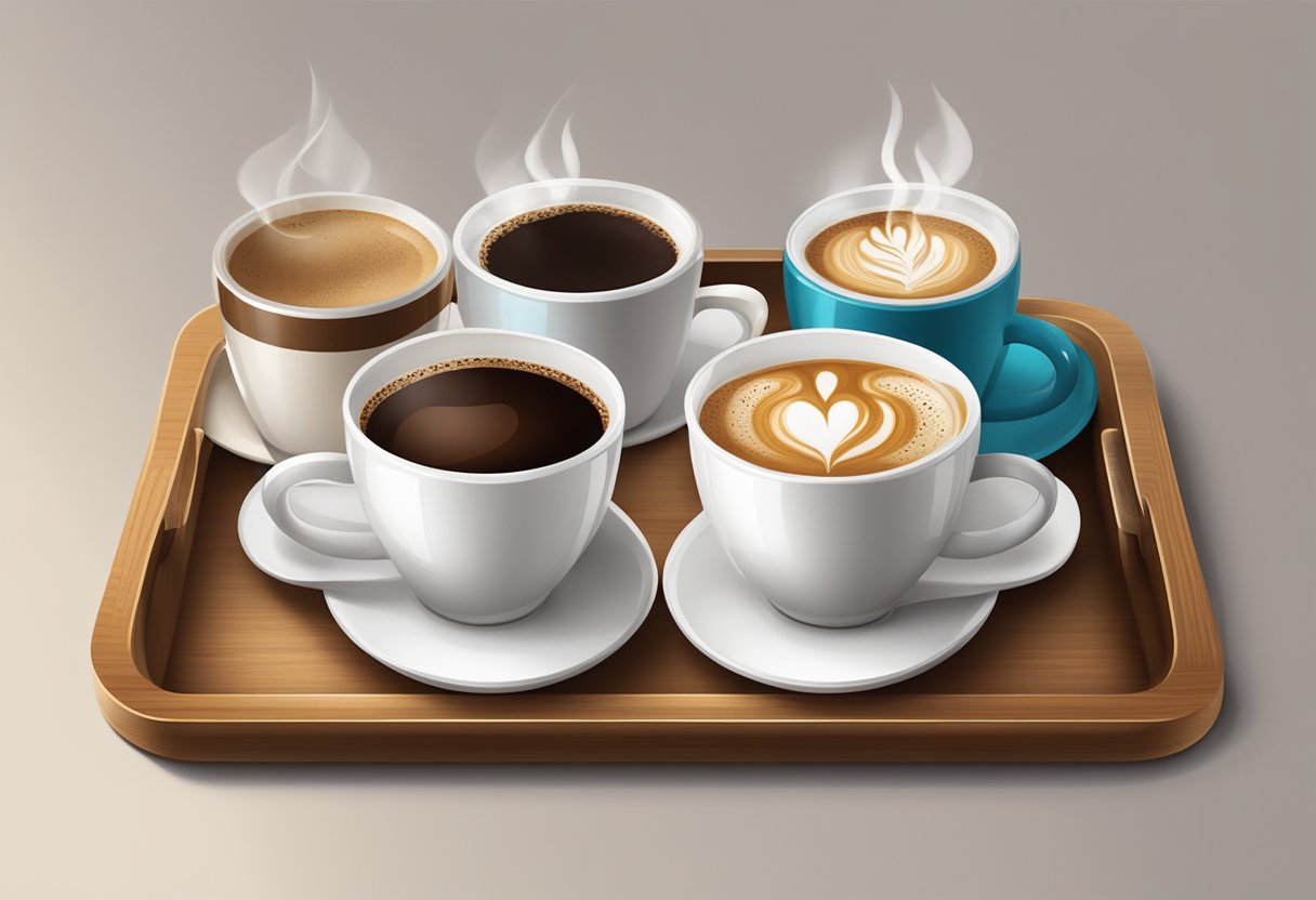 A wooden tray holds three small cups of different colored coffee, arranged in a line, with accompanying cards indicating the type of coffee in each cup