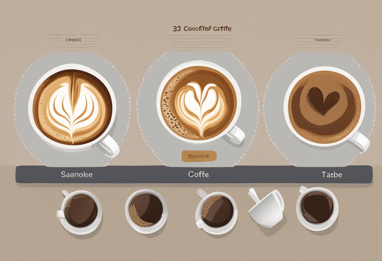 A table with three small cups of coffee in a row, each labeled with the type of coffee and accompanied by a small card explaining its flavor profile