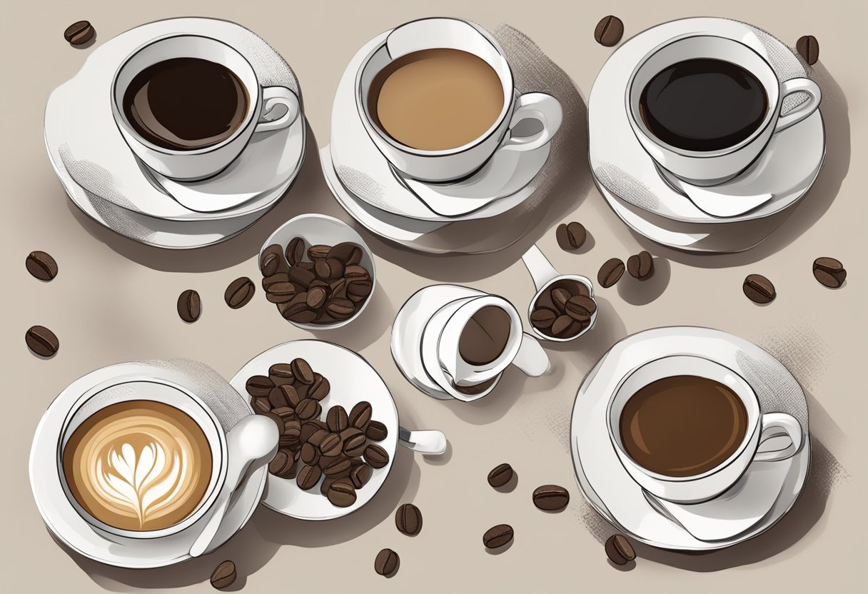 A table with four small cups of different coffee, each labeled, surrounded by coffee beans and a tasting guide