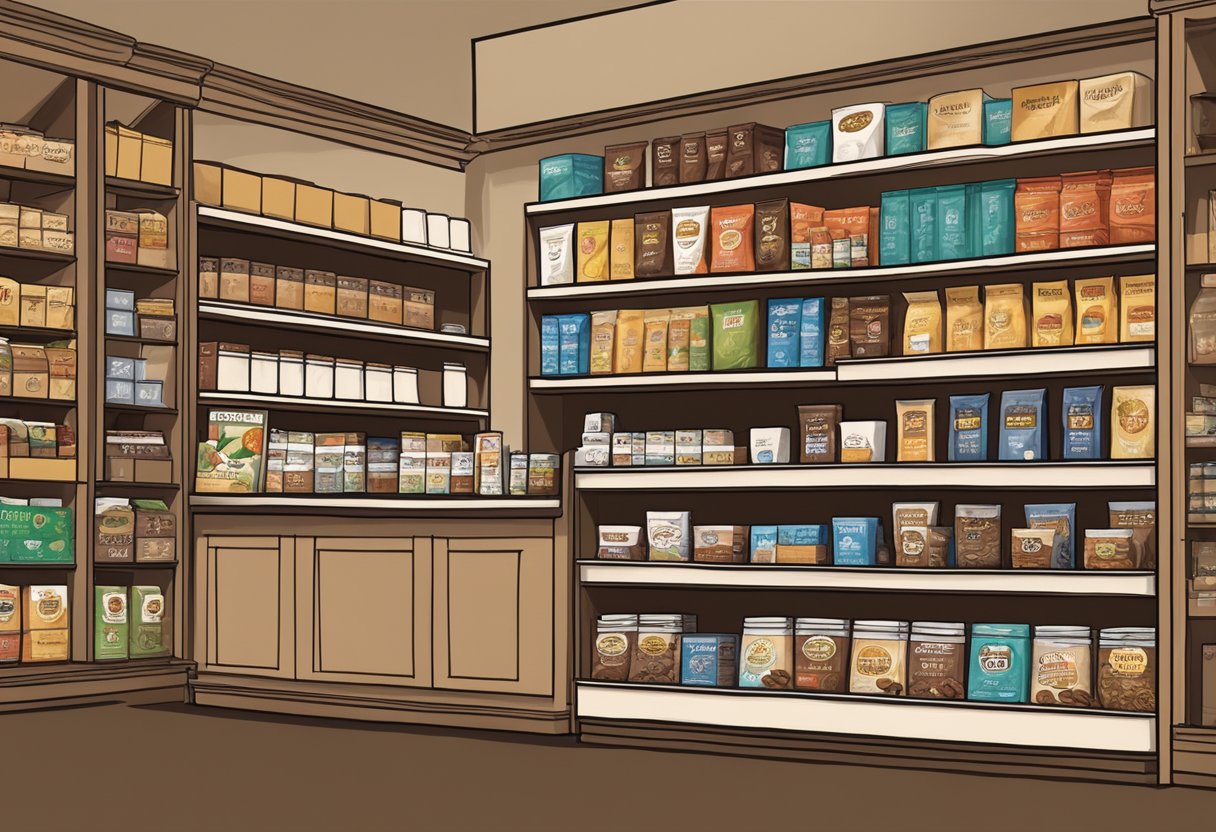 A display of Pocket Coffee on a shelf in a specialty grocery store in the USA