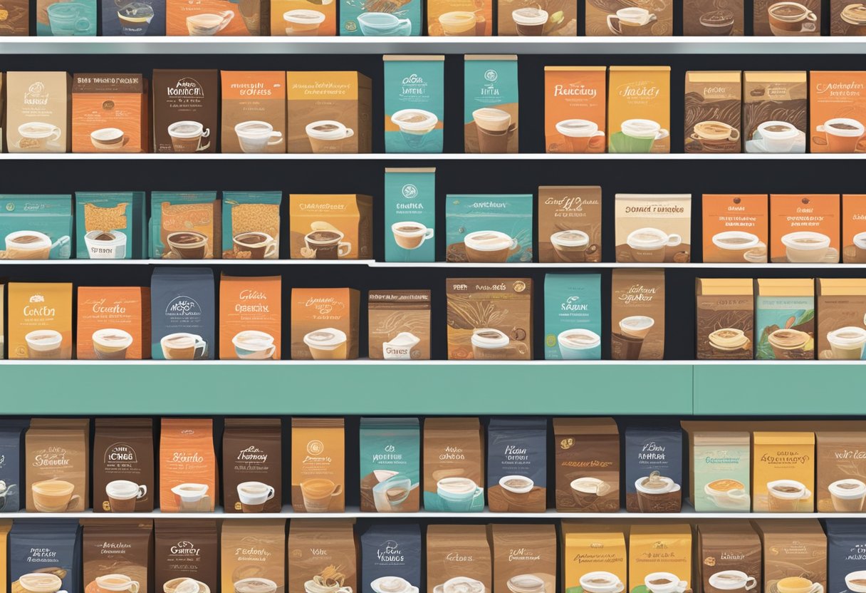 A display of Pocket Coffee boxes on a shelf in a specialty Italian grocery store in the USA