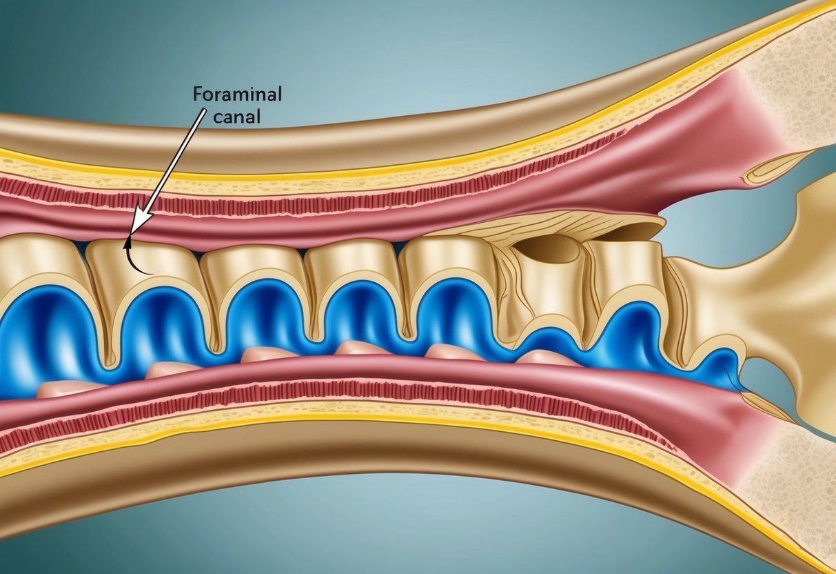 A cross-section of a spinal column showing narrowing of the foraminal canal due to bone or tissue growth