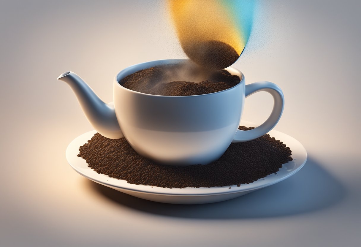 A kettle pours hot water over a mound of coffee grounds in a cup