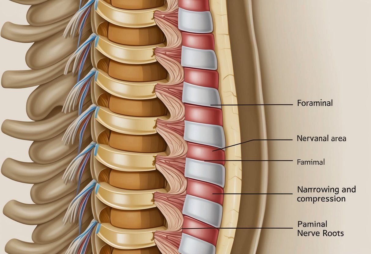 A detailed illustration of a spinal column with a section focused on the foraminal area, showing narrowing and compression of the nerve roots