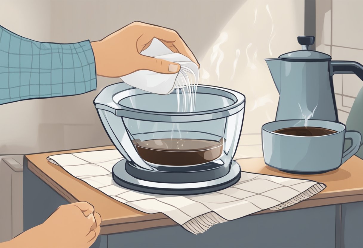 A person pouring hot water over a makeshift coffee filter made from a clean cloth or a mesh strainer lined with a paper towel