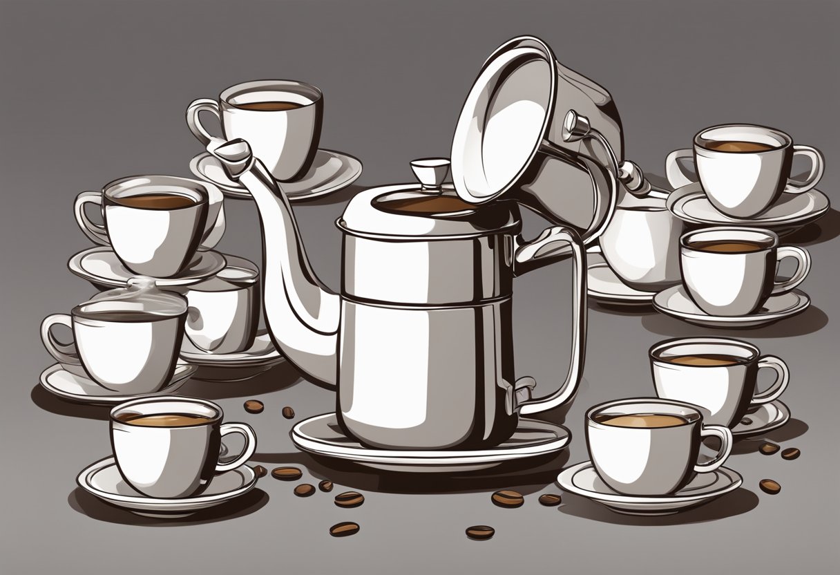 A large coffee pot pouring into multiple empty cups on a table