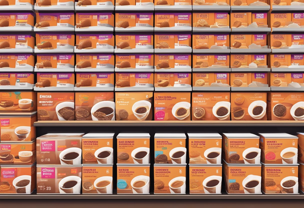 A stack of Dunkin' Donuts coffee boxes on a store shelf with prices displayed