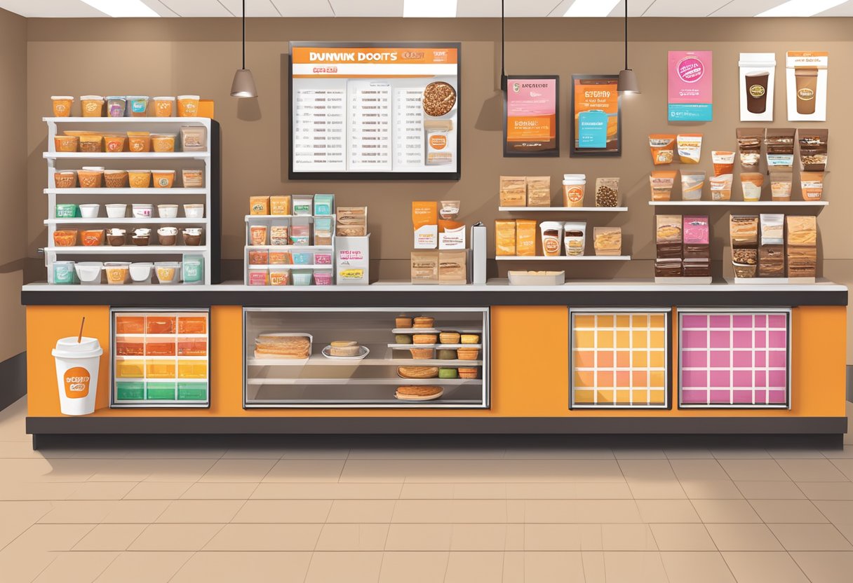 A counter with various coffee boxes and snack options at Dunkin' Donuts