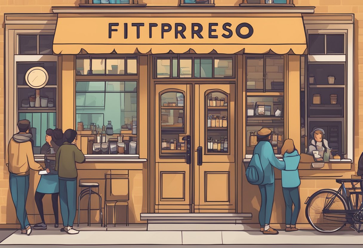 A cozy coffee shop with a sign reading "Fitspresso Coffee" and customers lined up to purchase their favorite brew