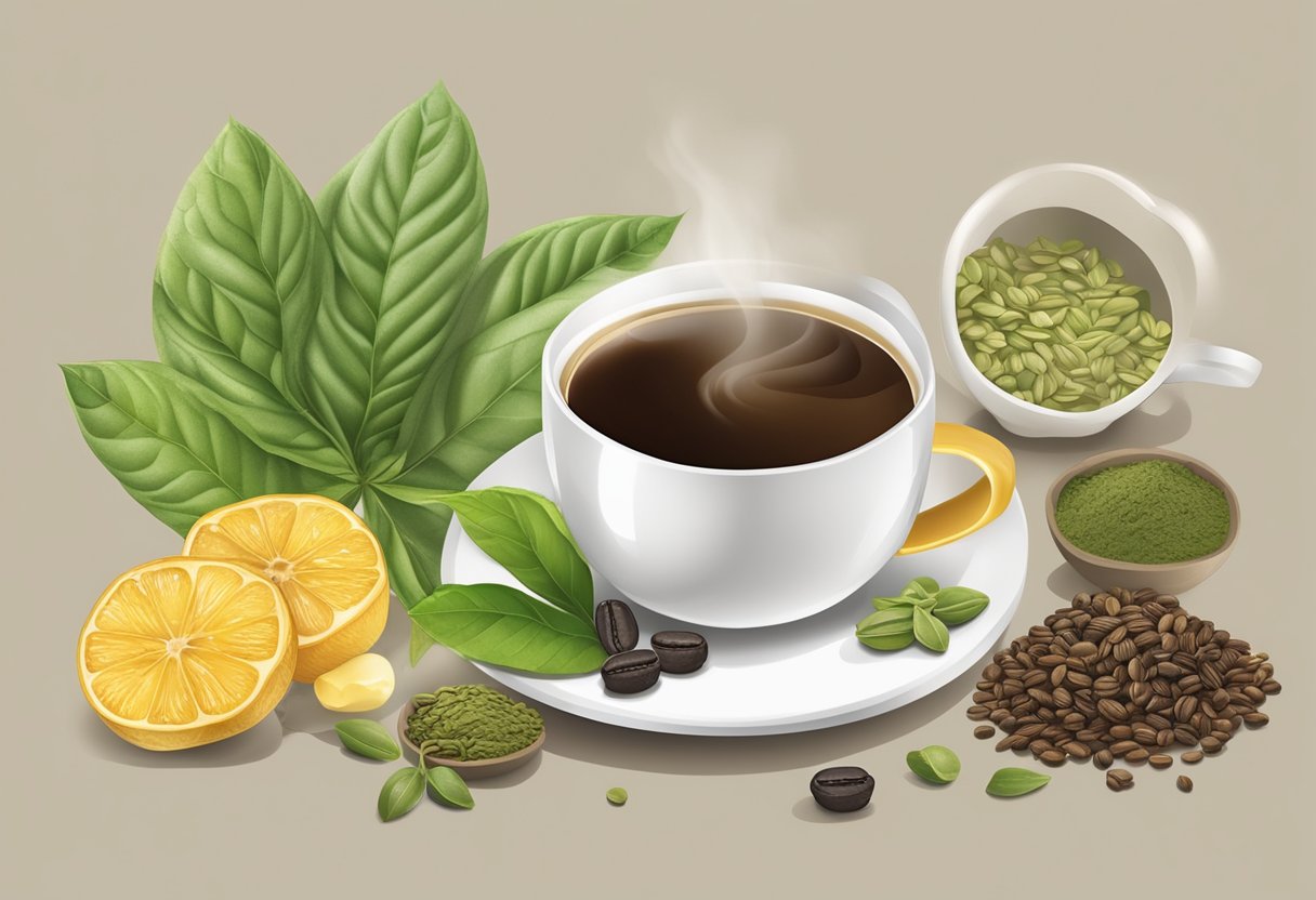 A cup of Fitspresso coffee surrounded by various ingredients like green tea, garcinia cambogia, and ginseng, with a weight scale in the background