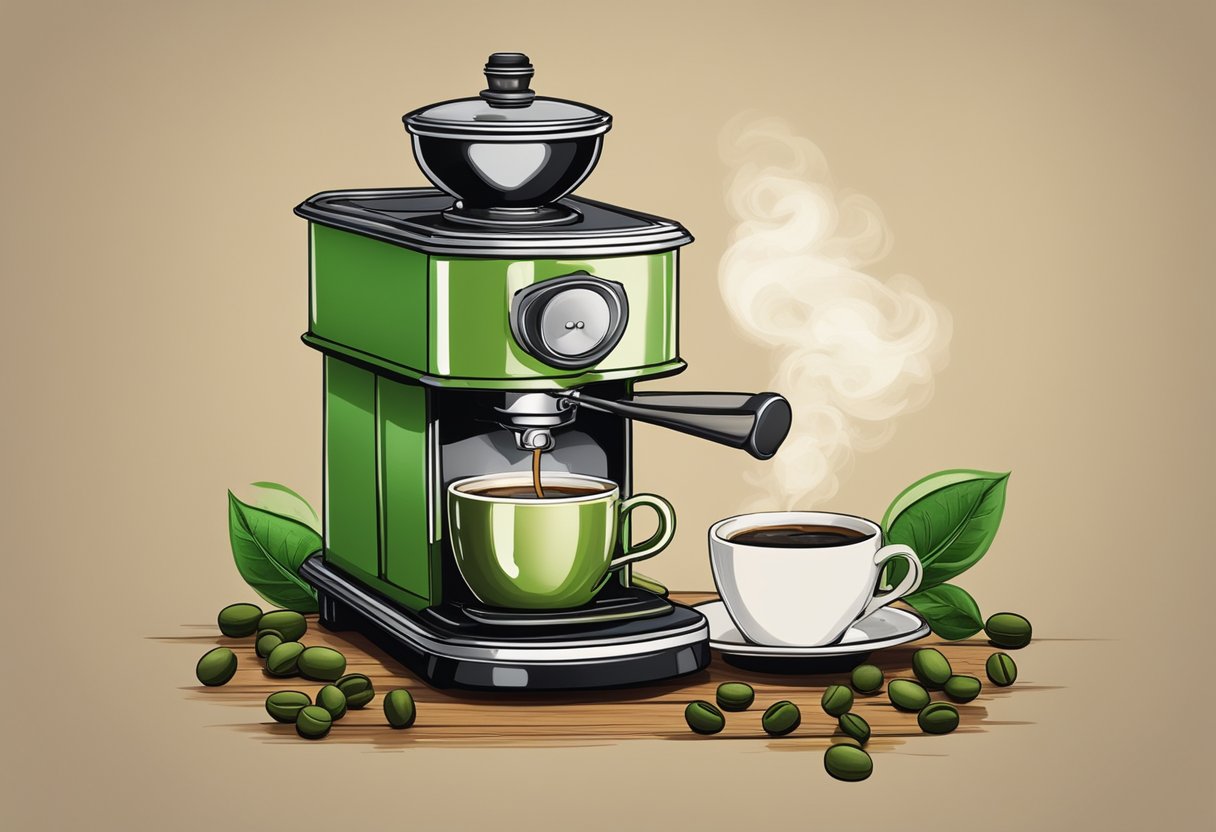 A steaming cup of fitspresso sits on a rustic wooden table, surrounded by vibrant green coffee beans and a vintage coffee grinder