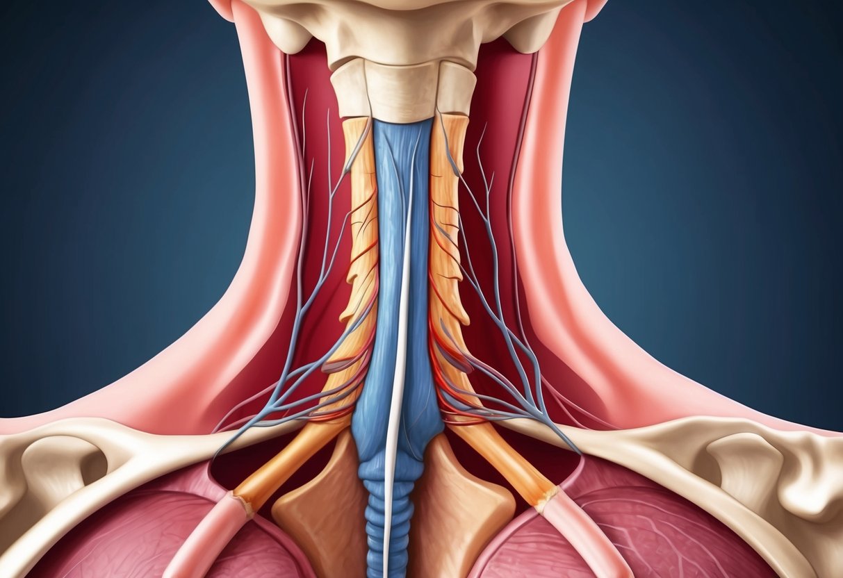 A narrow passageway in the cervical spine, with compressed nerve roots and surrounding bone structures