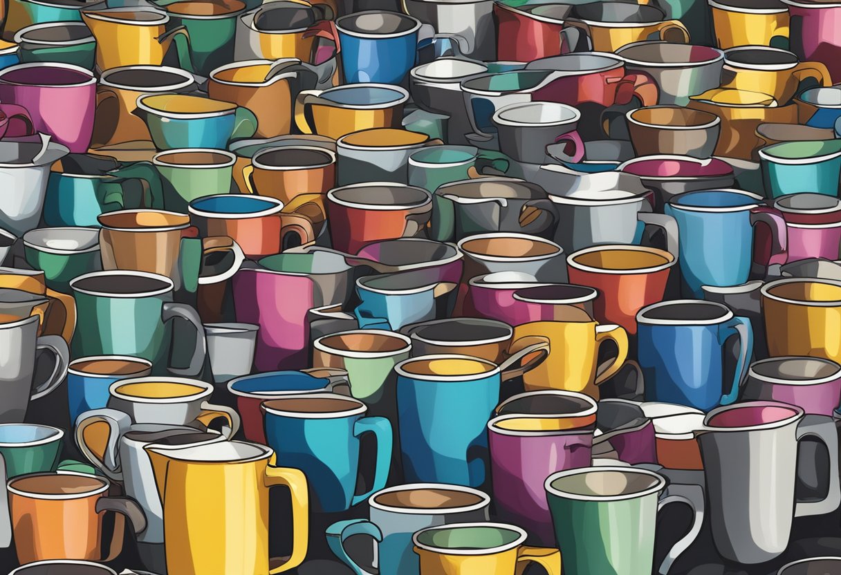 A large coffee pot pouring gallons into 100 empty cups