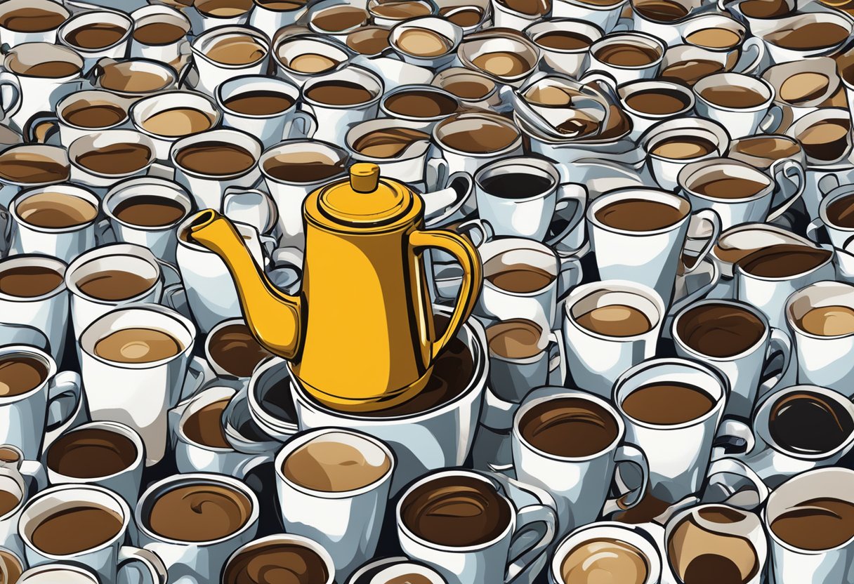 A large coffee pot pouring gallons of coffee into 100 empty cups