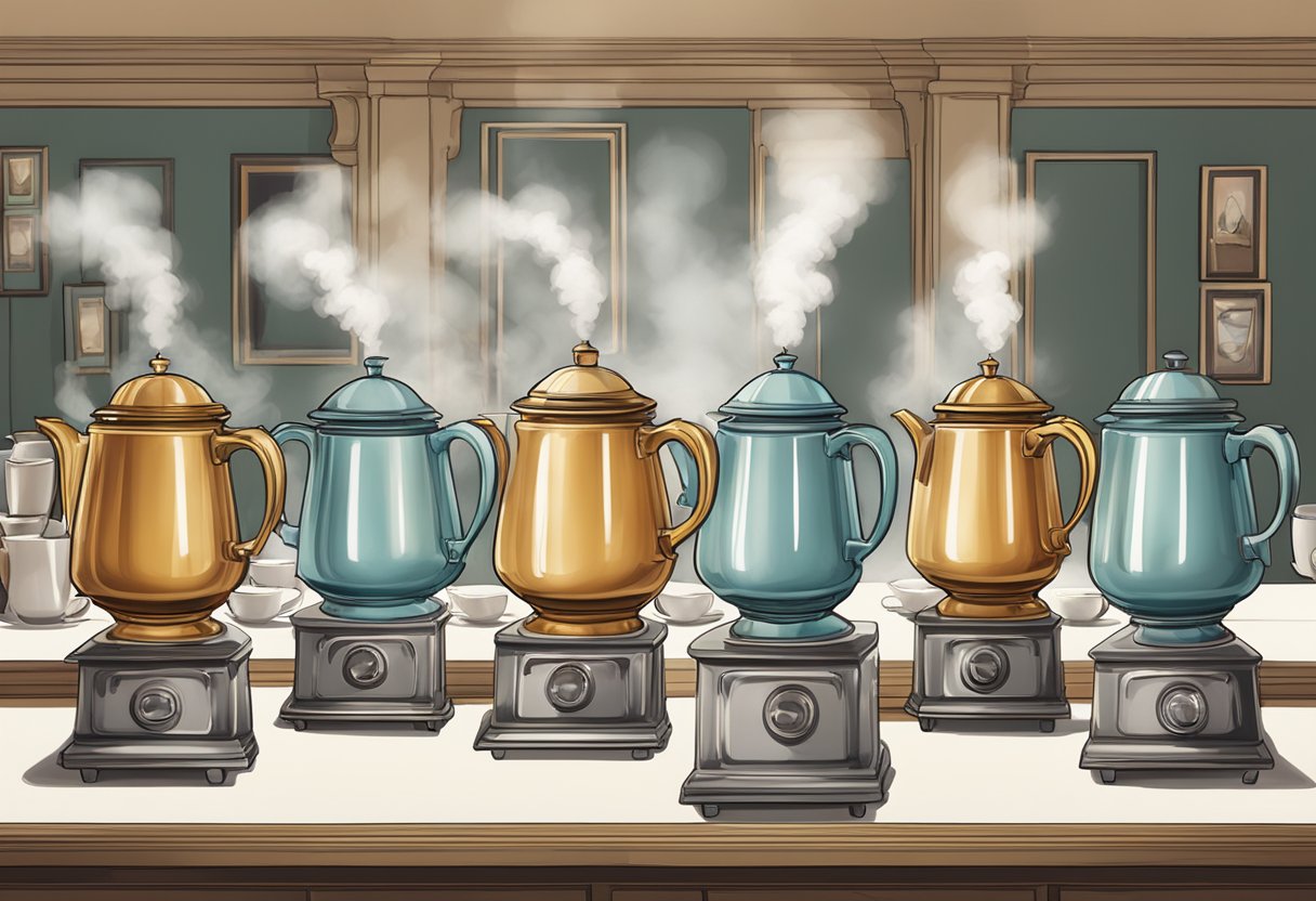 A row of large coffee urns with steam rising, surrounded by cups and saucers on a long table