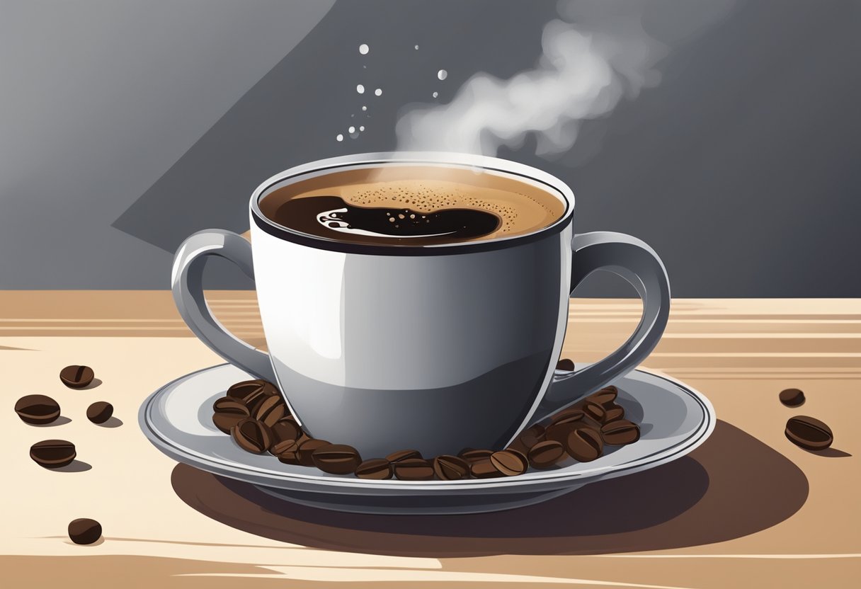 A steaming cup of Vietnamese coffee sits on a saucer, surrounded by a scattering of coffee beans and a small metal filter dripping dark liquid into the cup