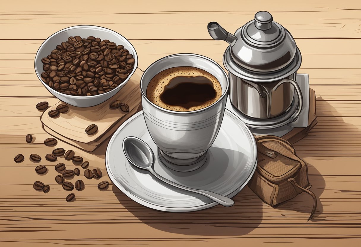 A steaming cup of Vietnamese coffee sits on a rustic wooden table, surrounded by a traditional phin filter and a bag of robusta coffee beans