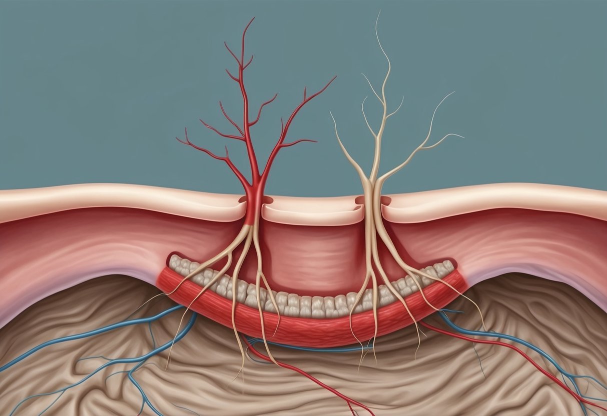 A narrow spinal canal with compressed nerve roots