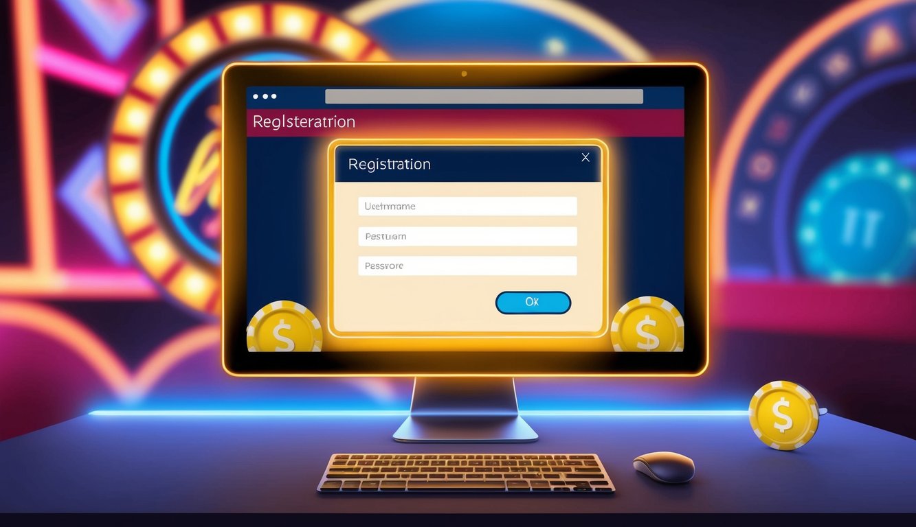 一個發光的電腦螢幕顯示著一個註冊頁面，頁面上有用戶名、密碼和個人信息的欄位。背景是賭場主題的圖形和明亮的顏色。
