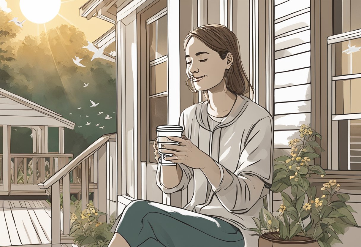 A person sitting on a porch, holding a glass of iced coffee with a gauze pad in their mouth. The sun is shining, and there are birds in the background