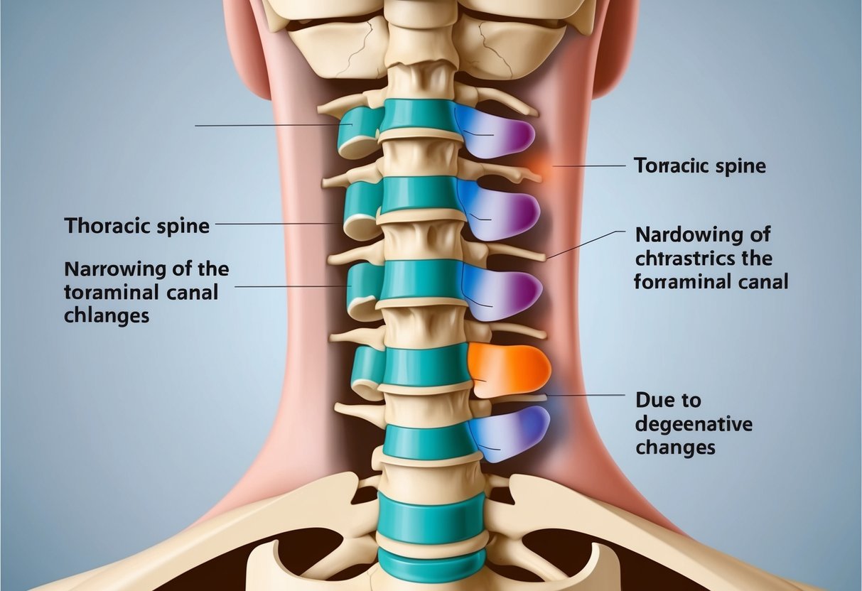 A cross-section of the thoracic spine, showing narrowing of the foraminal canal due to degenerative changes