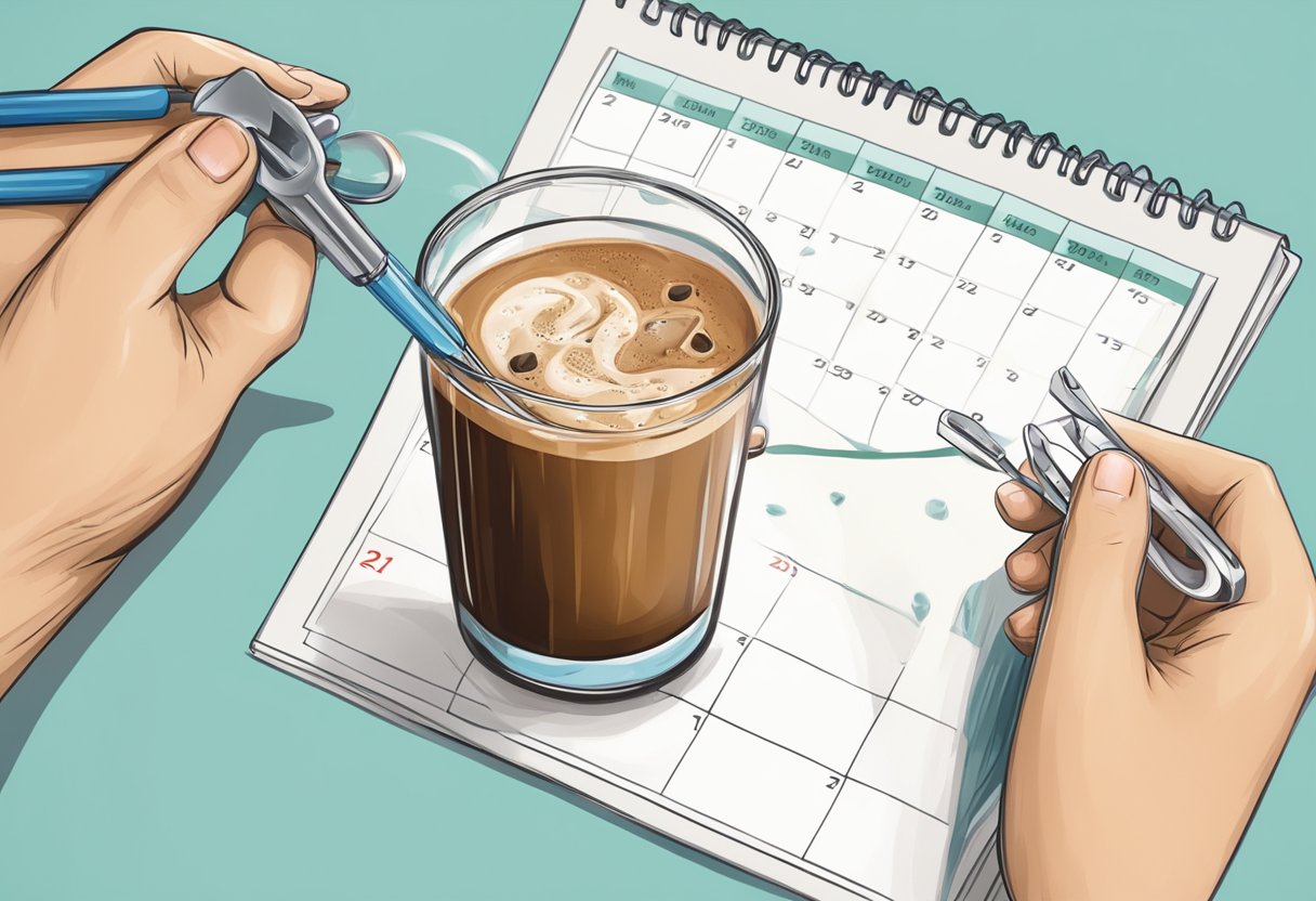 A person holding a cup of iced coffee, with a dental extraction tool and a calendar showing the days passing by