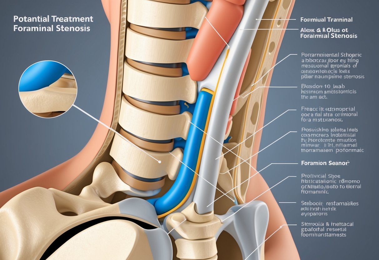 A detailed illustration of the thoracic spine with a focus on the foraminal area, showing potential treatment options for foraminal stenosis