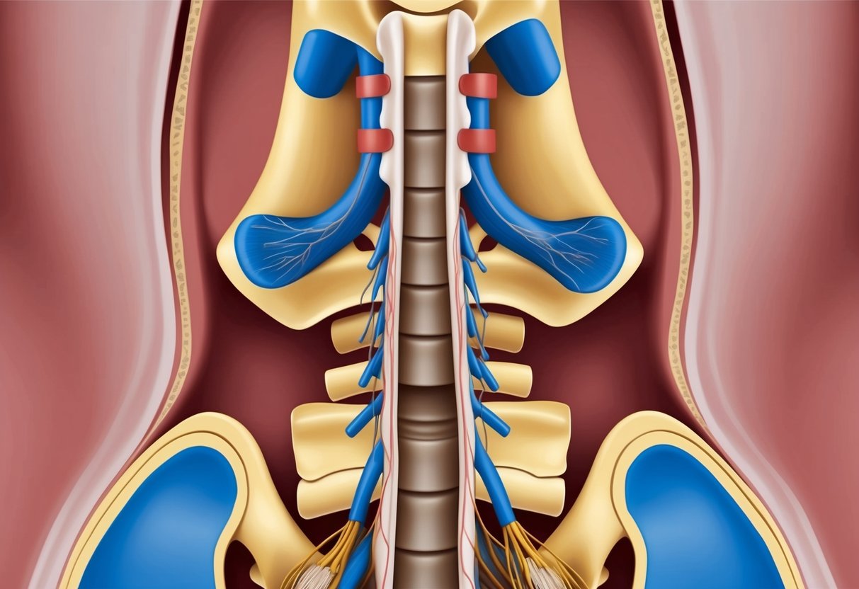 A detailed cross-section of the thoracic vertebrae with a highlighted foraminal stenosis, showing compression of nerve roots