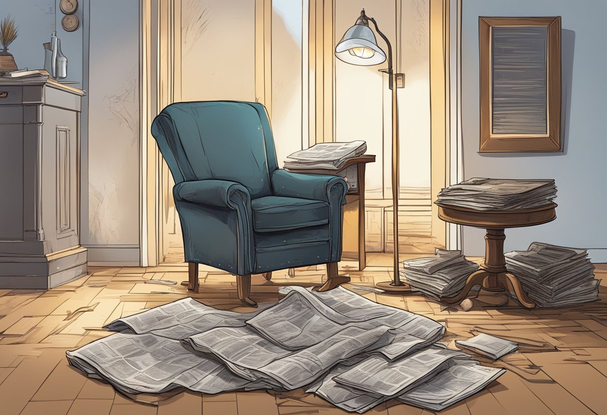 A worn-out chair by a flickering fire, a steaming cup of coffee, and a tattered newspaper on the floor