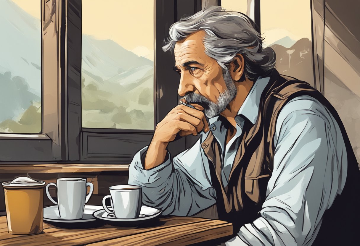 A poor man sitting at a worn-out table, sipping from a steaming mug of coffee, with a tired expression on his face