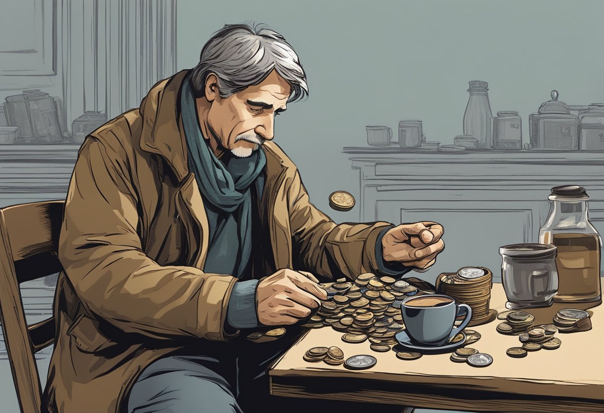 A poor man sitting at a small table, sipping coffee while counting coins. A worn-out wallet lies open beside him