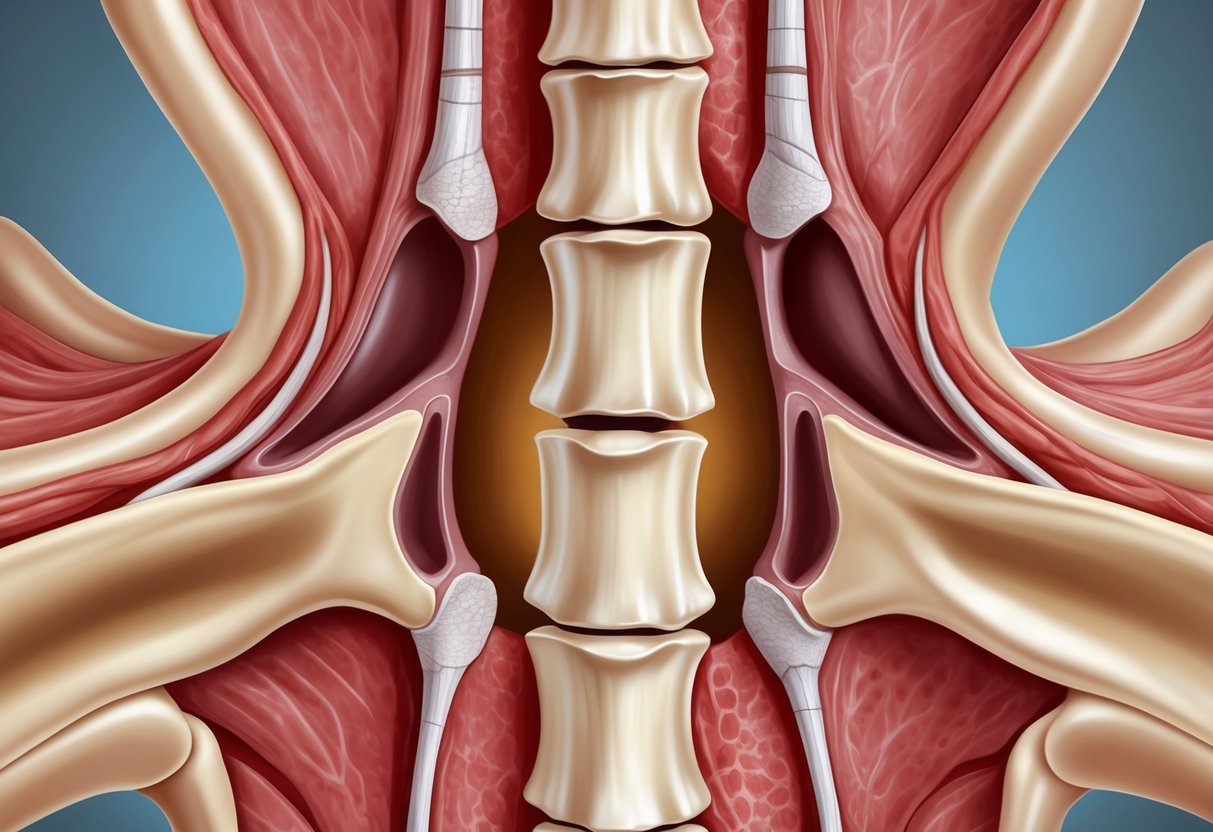 Two narrow openings in a spine, surrounded by bone and tissue