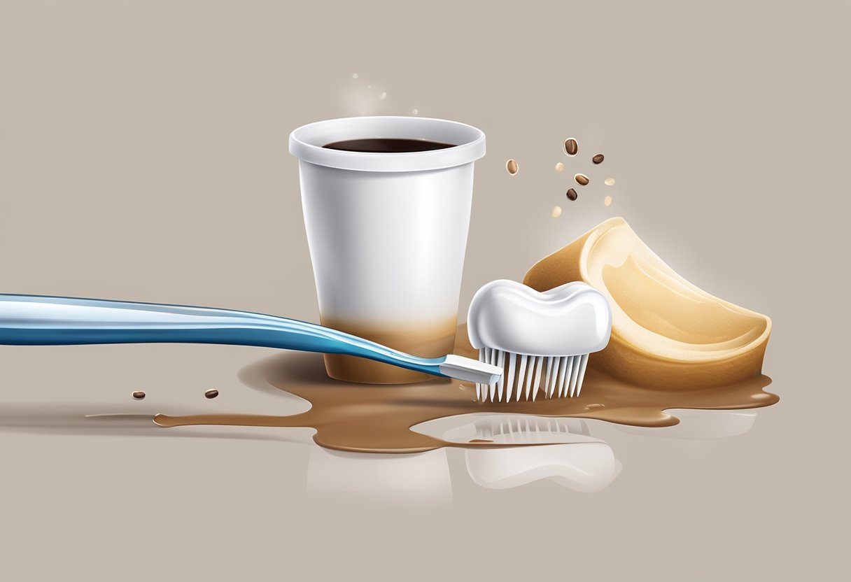 A toothbrush scrubbing away coffee stains on a white tooth surface