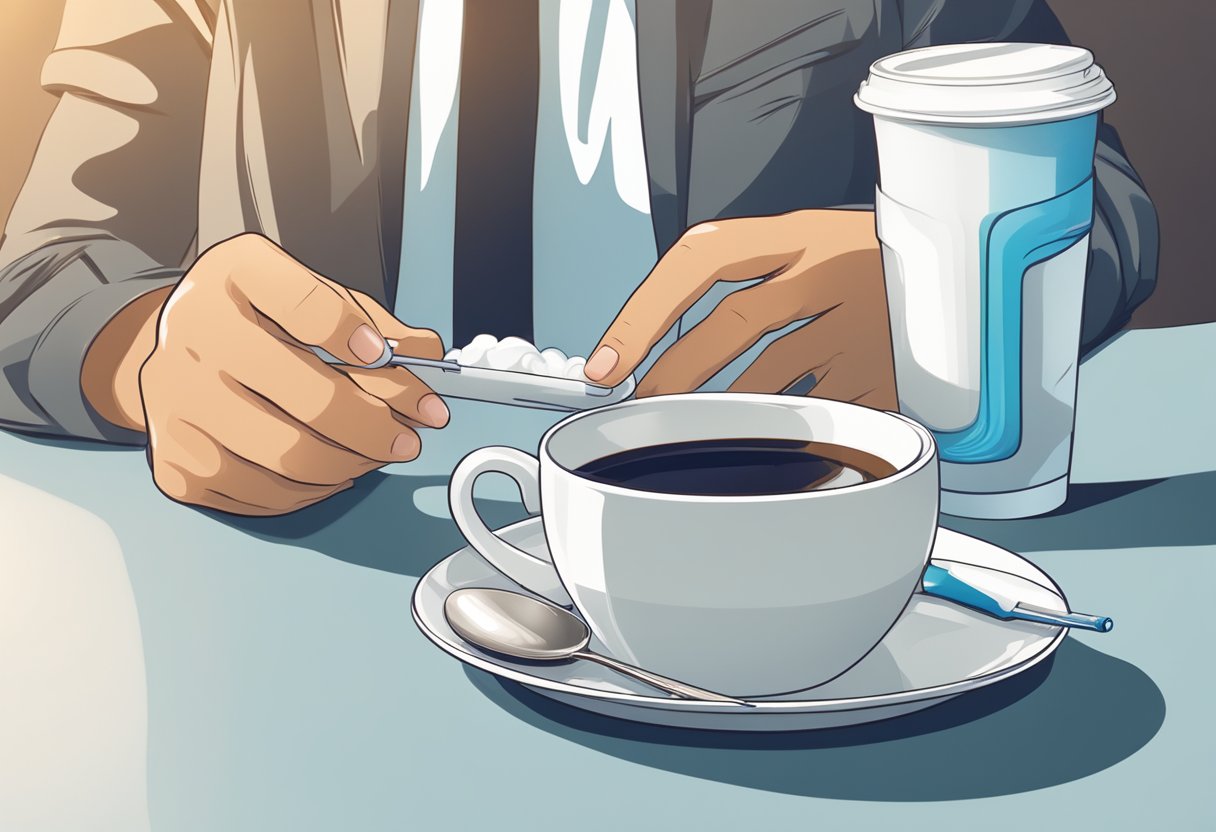 A person holding a toothbrush and toothpaste, with a cup of coffee and a glass of water nearby