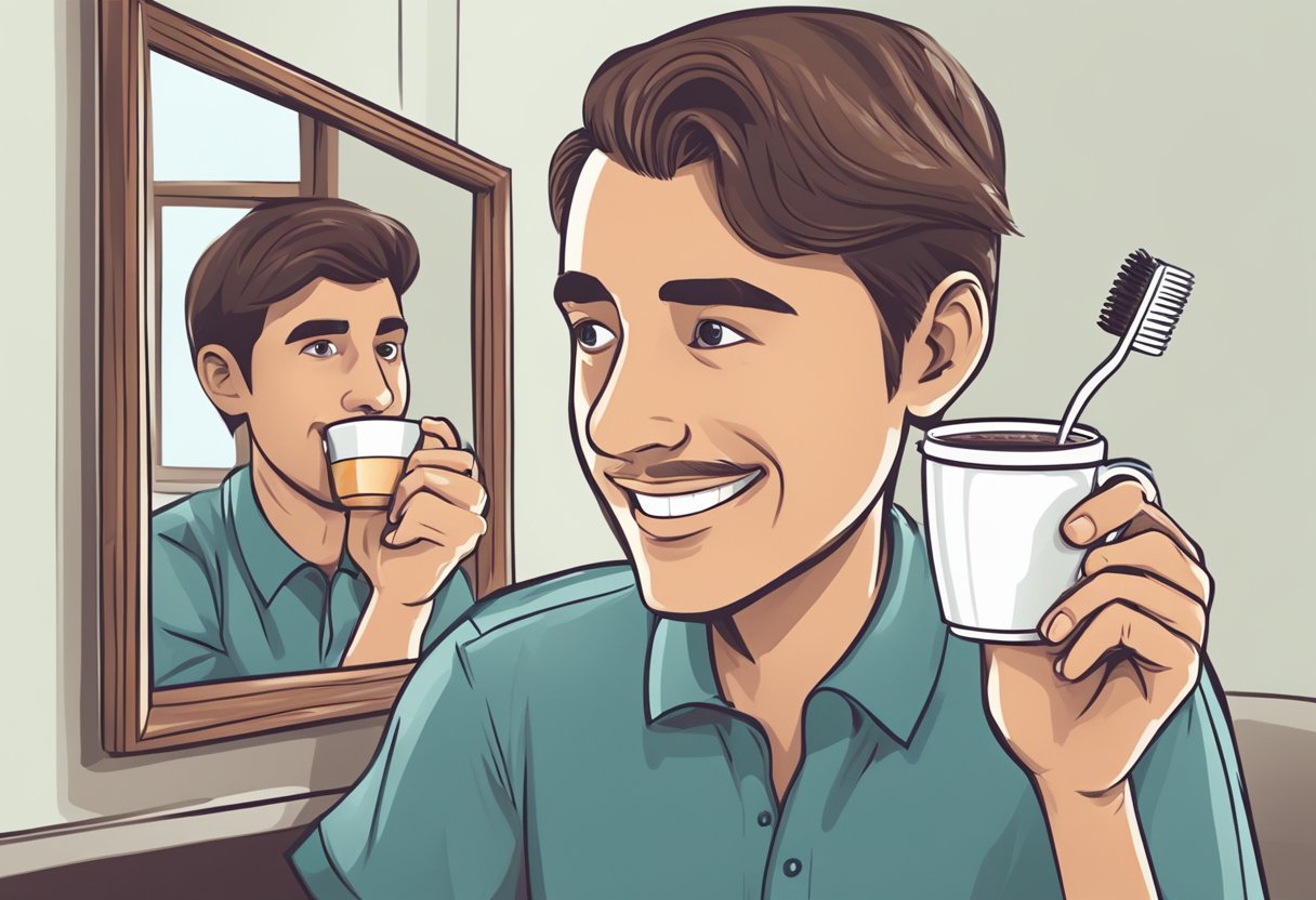 A person holding a toothbrush and a cup of coffee, with a concerned expression while looking at their stained teeth in the mirror