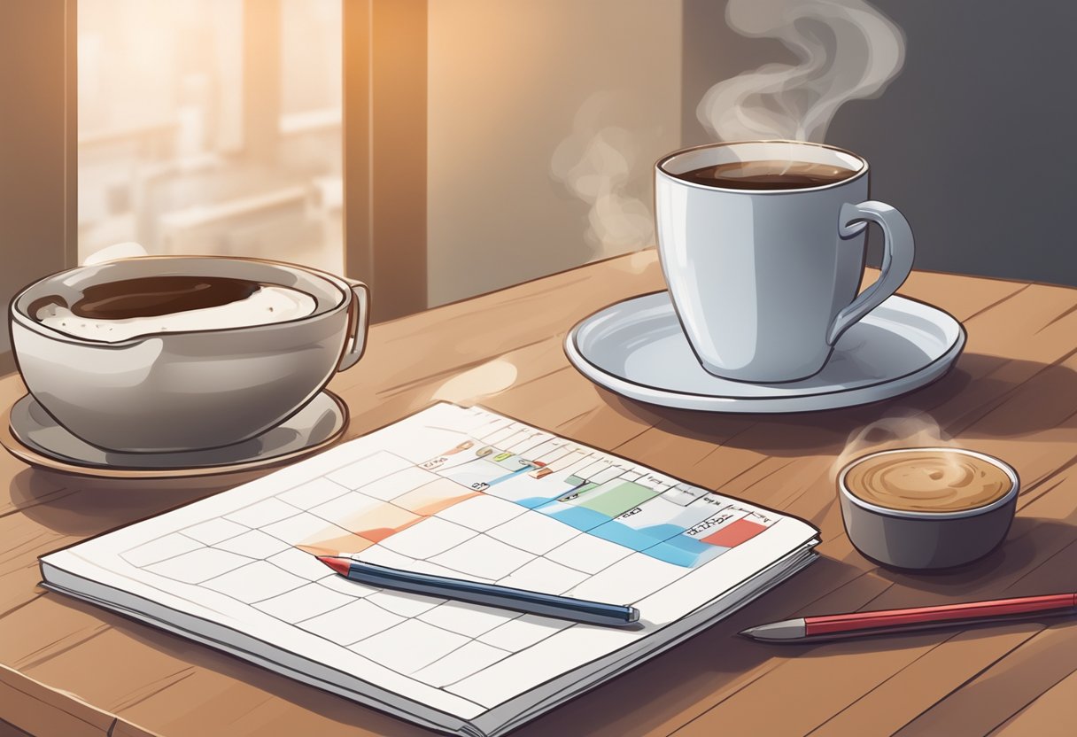 A steaming cup of coffee sits on a table next to a calendar with a red circle around a date several days after a tooth extraction