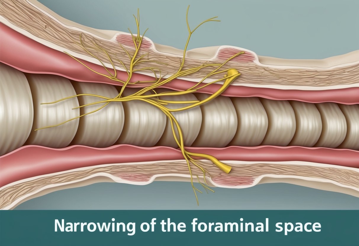 The narrowing of the foraminal space is depicted through a close-up view of the spinal canal with surrounding bone structures and nerves