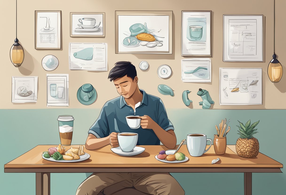 A person sitting at a table with a tooth extraction diagram on the wall, a cup of coffee placed out of reach, and a variety of soft foods on the table