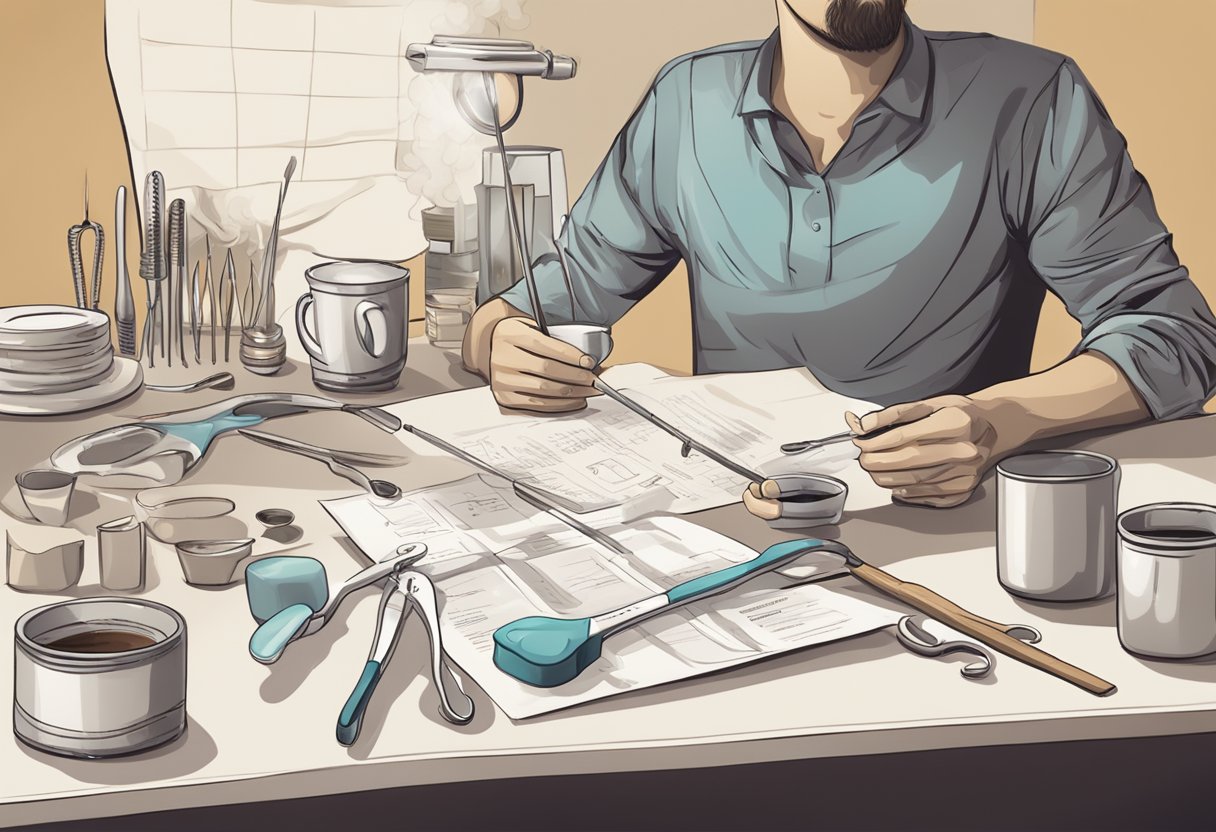 A person sitting at a table with a steaming cup of coffee, surrounded by dental tools and a tooth extraction instruction sheet