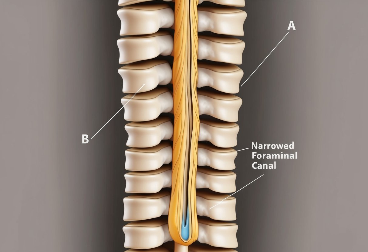 A cross-section of a spinal column with a narrowed foraminal canal due to bone spurs or herniated discs