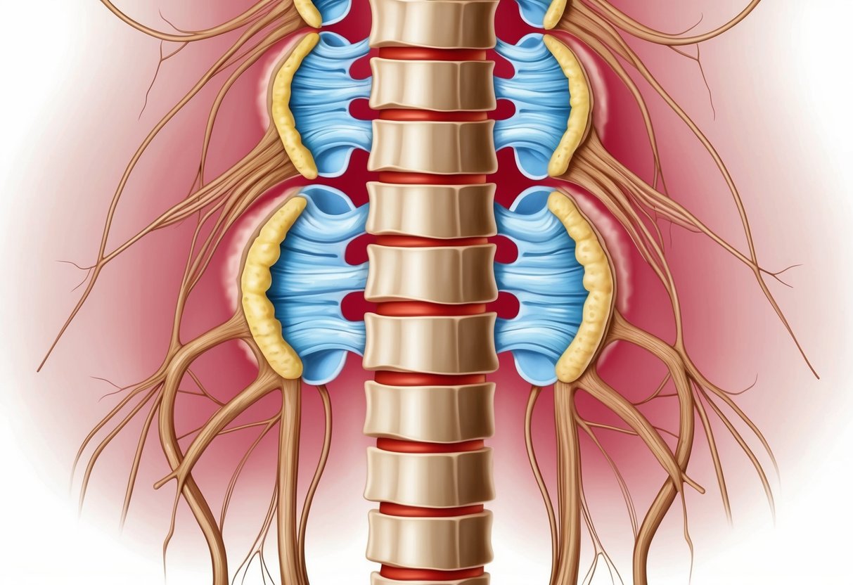 A cross-section of a spinal column with narrowing at the foraminal canal, surrounded by nerve roots and vertebral bodies