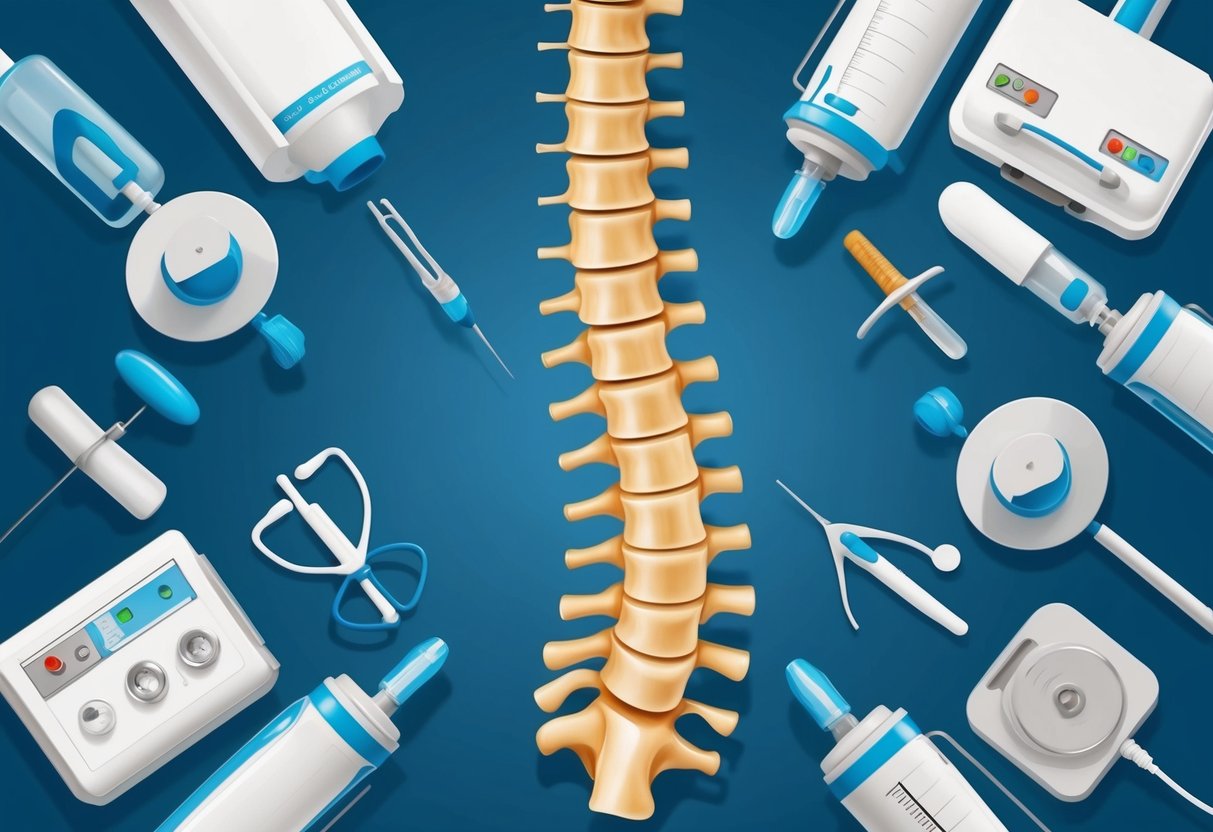 A spinal column with narrowing at the foraminal openings, surrounded by medical equipment and treatment options