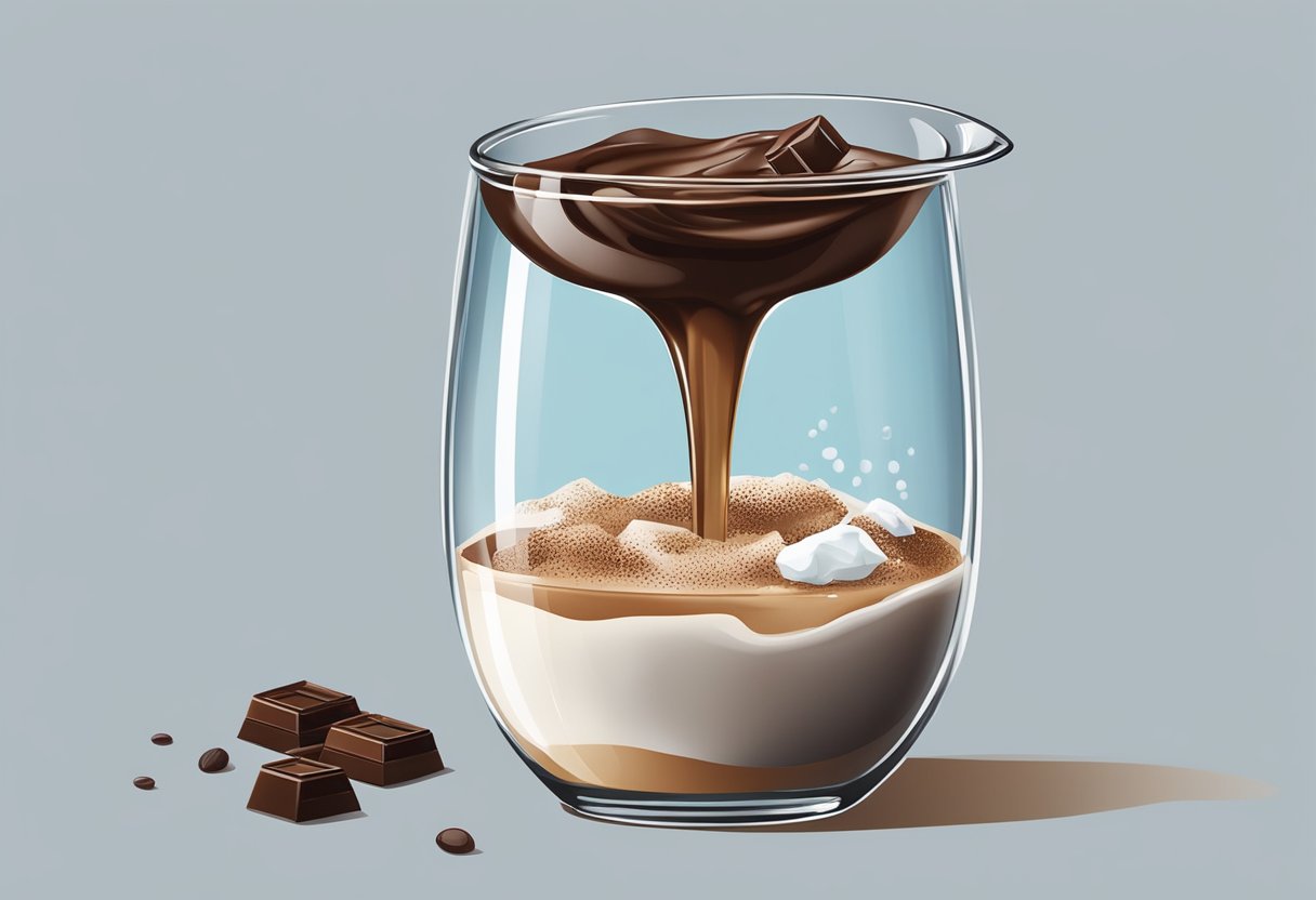 A glass filled with ice, instant coffee, milk, and chocolate syrup being poured into it, with a spoon stirring the mixture