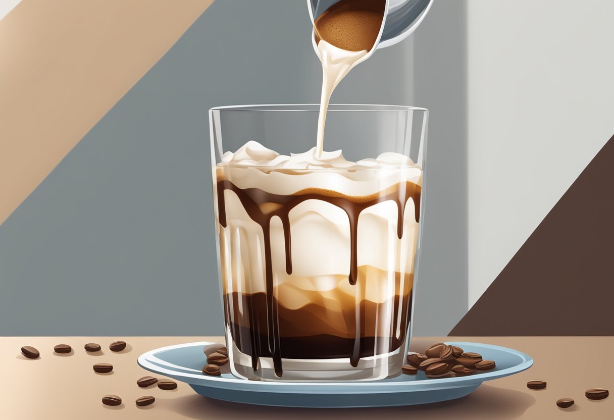 A glass filled with ice, instant coffee, and milk being poured into it, with a drizzle of chocolate syrup on top