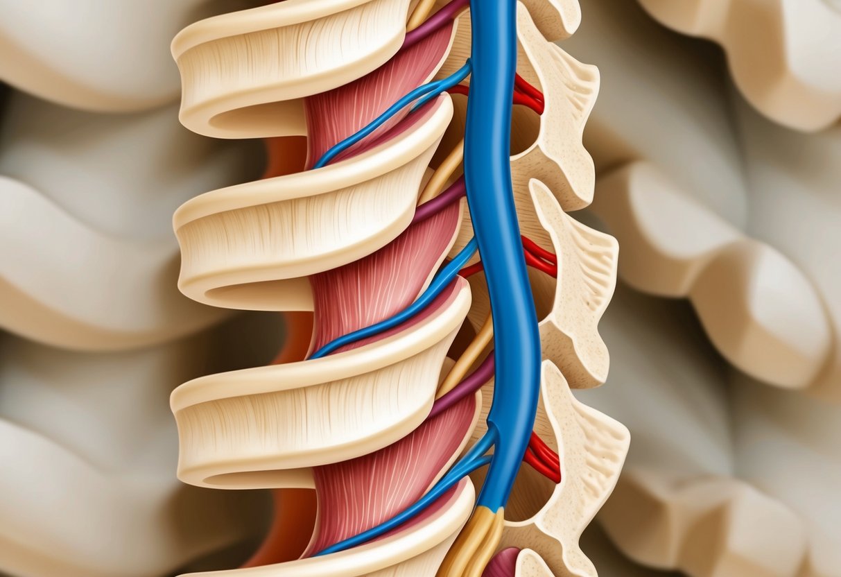 A detailed cross-section of the spinal column, focusing on the narrowing of the foraminal canal and the compression of nerve roots