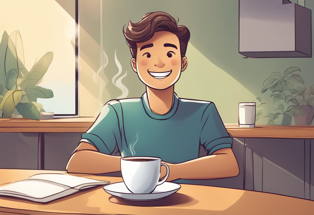 A steaming cup of coffee sits on a table next to a smiling person with bright, white teeth. The person looks satisfied and content